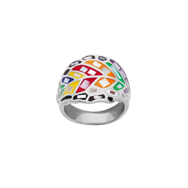 Bague Acier 316 L Feuille Résine Multicouleur avec Nacre