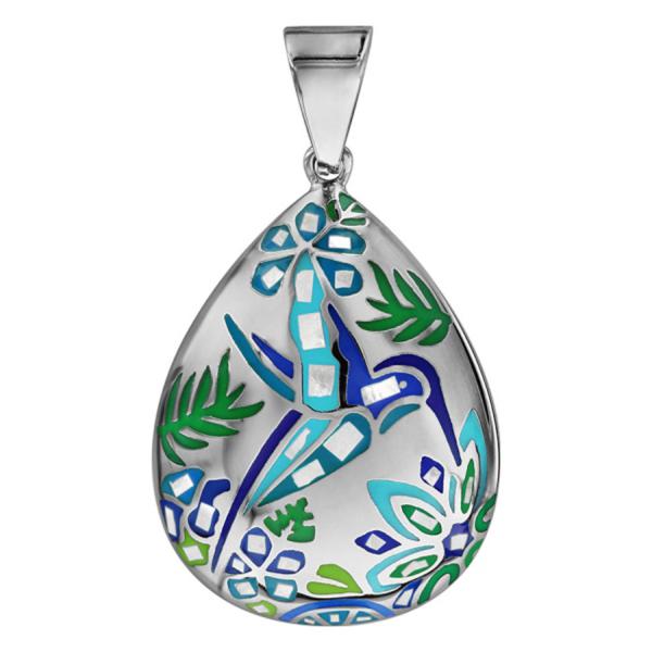 Pendentif Acier 316 L avec Nacre Forme Ovale Colibri Bleu Vert