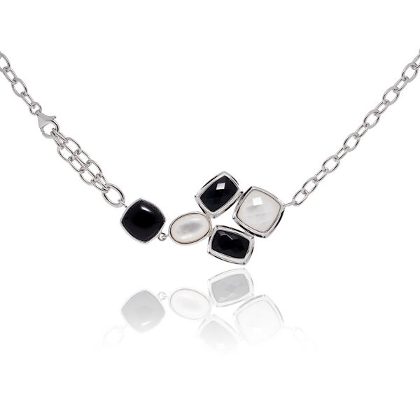 Collier Argent 925, Nacre et Agates Noires