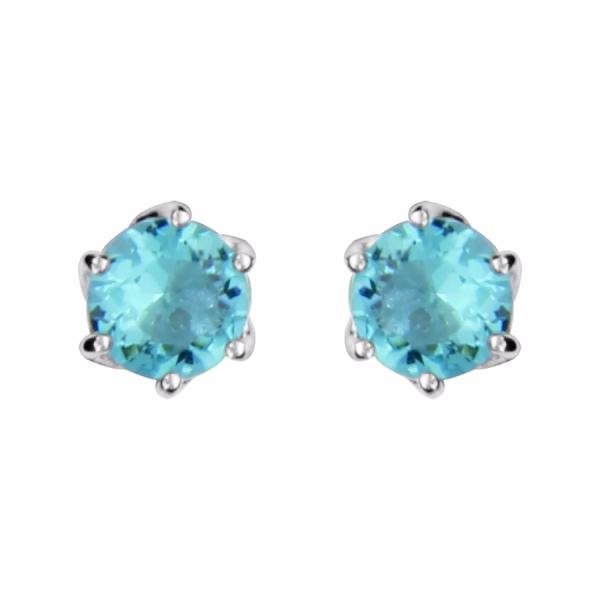 Boucles d'oreilles Argent 925 Pierre Ronde Zirconium Bleu Ciel Serti Griffes