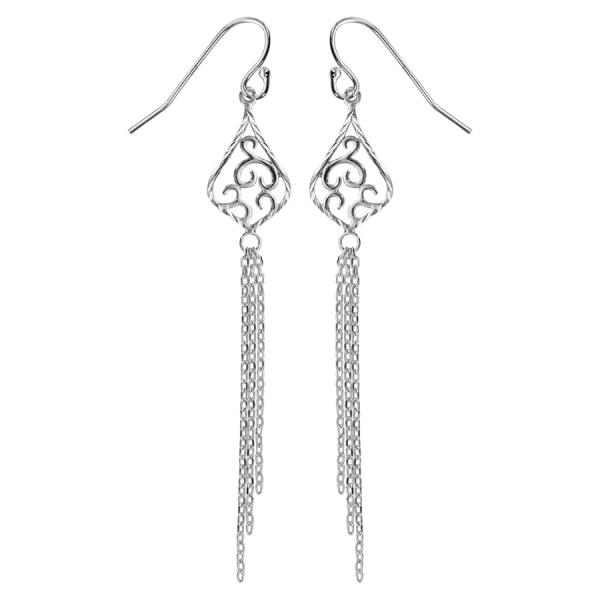 Boucles d'oreilles Argent 925 Pendantes Goutte Filigrané 3 Chainettes