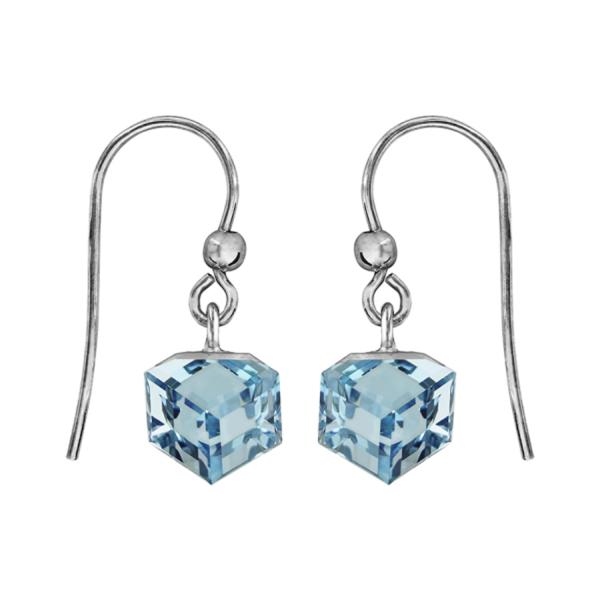 Boucles d'oreilles Argent 925 Crochet Cube Cristal Bleu Ciel