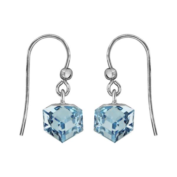 Boucles d'oreilles Argent 925 Crochet Cube Cristal Bleu Ciel