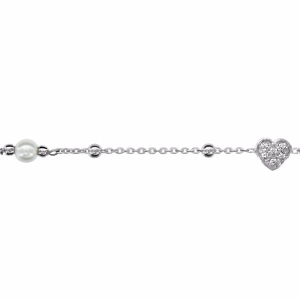 Bracelet Argent 925 Boules 1 Coeur Zirconium + Perle d'eau