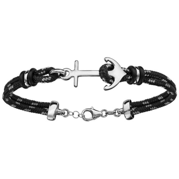 Bracelet Argent 925 2 Rangs Corde Noire et Grise Ancre Marine