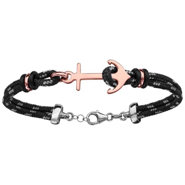 Bracelet Argent 925 2 Rangs Corde Noir et Grise Ancre Marine Dorure Rose