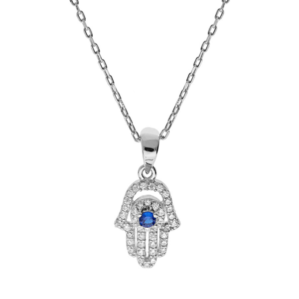 Collier Argent 925 Main de Fatma Zirconium Bleu