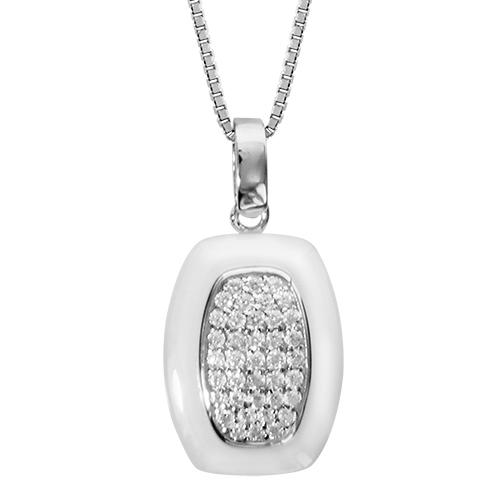 Collier Argent 925 Pendentif Rectangualire Céramique Blanche avec Zirconium Sertis