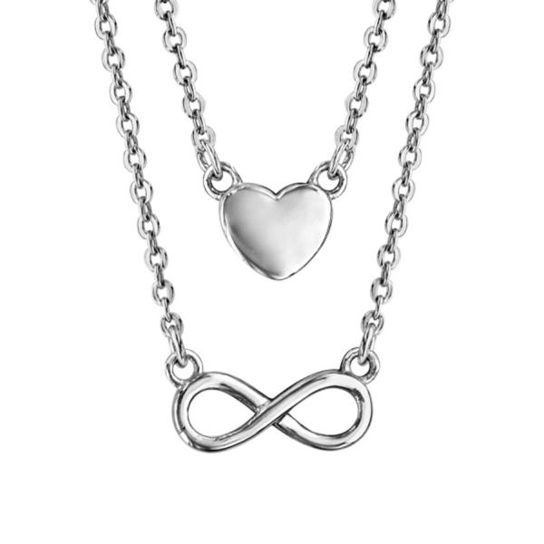 Collier Argent 925 Double Chaines Coeur Lisse et Infini