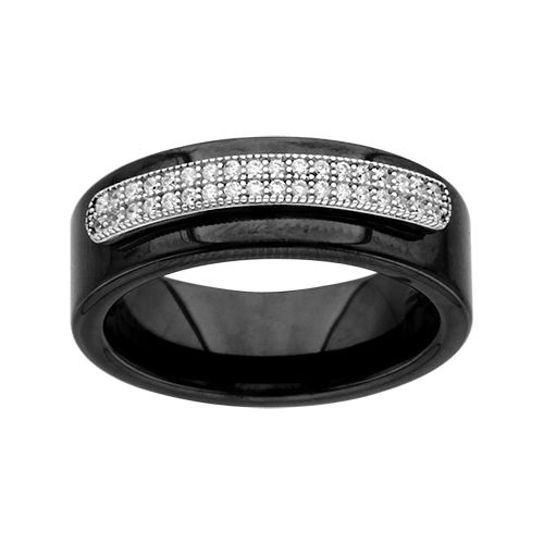 Bague Argent 925 Anneau Céramique Double Rail Zirconium Micro Sertis Noire