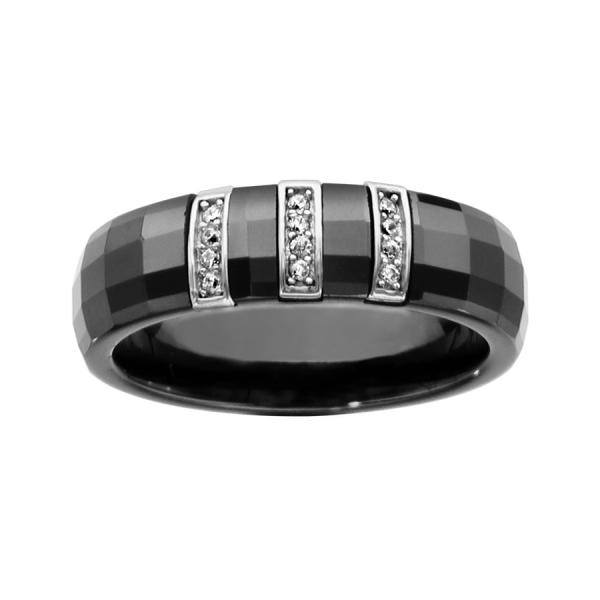 Bague Argent 925 Anneau Céramique Noir Faceté 3 Barettes Zirconium Sertis