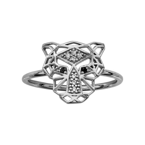 Bague Argent 925 Tête de Lion Zirconium Sertis Yeux Noirs