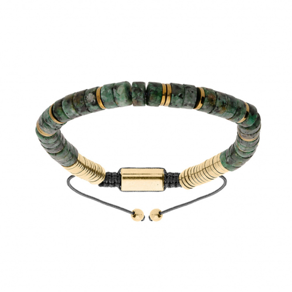 Bracelet Coulissant Acier 316 L et PVD Jaune avec Pierres Jaspe Vert Véritable