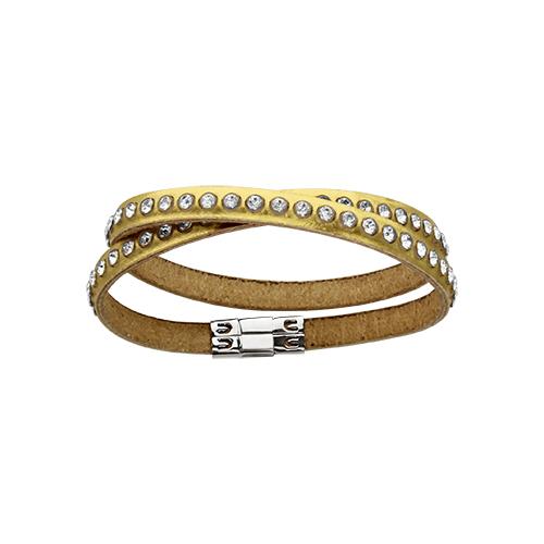 Bracelet Acier 316 L Serti Cristal Cuir Enroulé 2 Tours Doré