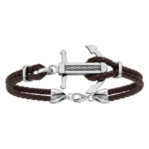 Bracelet Acier 316 L Double Cuir Marron Ancre Marine avec Cable 19+3 cm