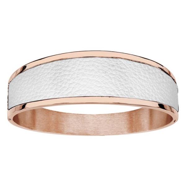 Bracelet Acier 316 L Rose Et Cuir Bovin Blanc Articulé