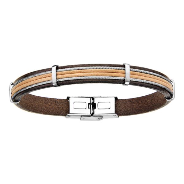 Bracelet Acier 316 L Cuir Marron Bicolore Cables Gris 20 cm