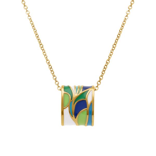 Collier Acier 316 L Doré Jaune Pendentif Rectangulaire avec Résine Bleu et Verte