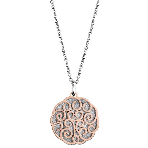 Collier Acier 316 L Pendentif Double Superposé Givré + Volute Rose