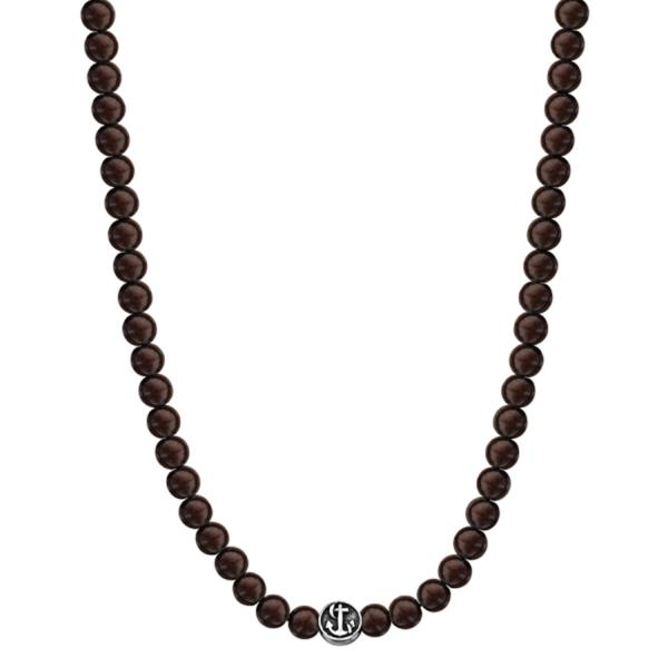 Collier Acier 316 L Perles de Bois Marron Motif Marin Patiné