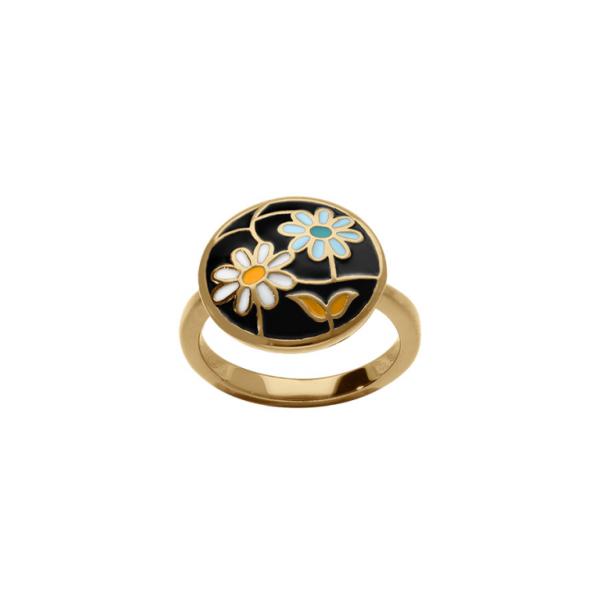 Bague Acier 316 L Doré Ronde Fleurs Fond Résine Noire