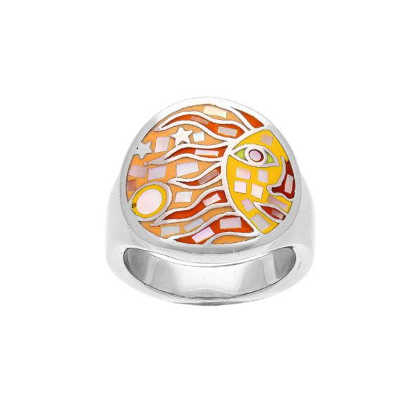 Bague Acier 316 L Ronde Soleil Jaune Orangé avec Nacre 