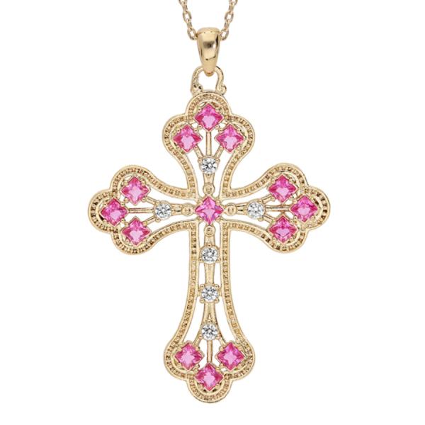 Collier Plaqué Or Pendentif Croix Zirconium Rose