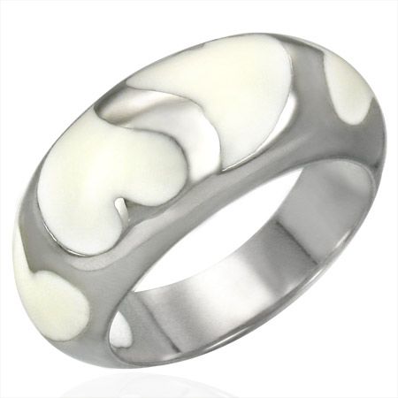 Bague Acier 316 L et Email Blanc Coeur