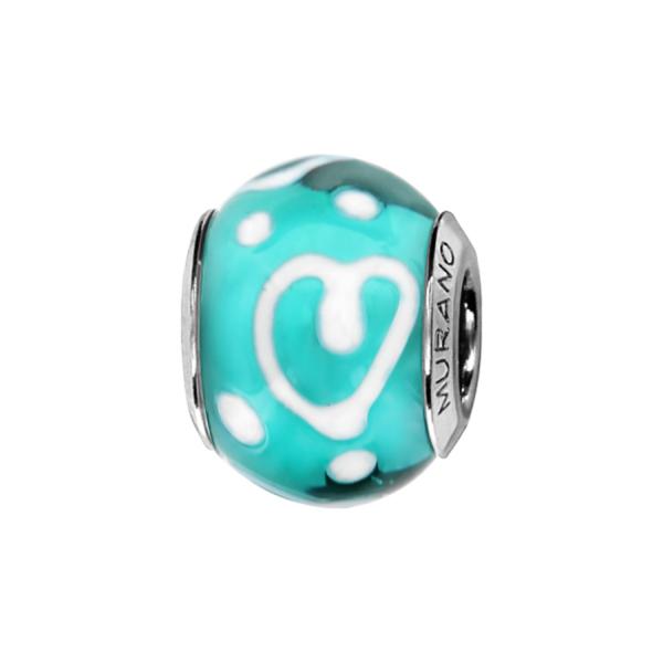 Charms Argent 925 Perle Murano Turquoise Coeur Blanc