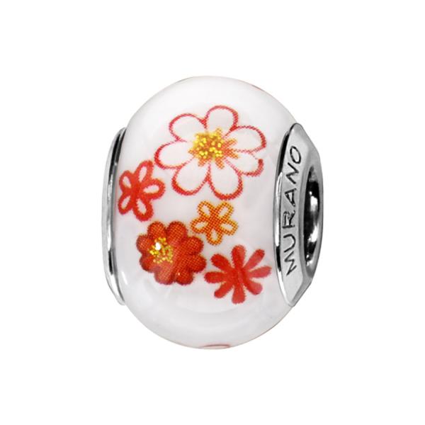 Charms Argent 925 Perle Murano Blanc Fleur Orange