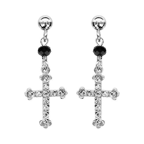 Boucles d'oreilles Argent 925 Chainette Boules Noires Croix avec Zirconium