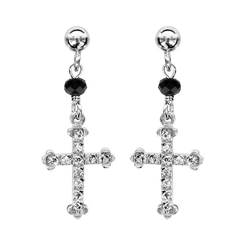 Boucles d'oreilles Argent 925 Chainette Boules Noires Croix avec Zirconium