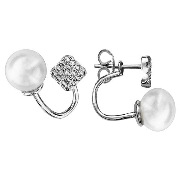 Boucles d'oreilles Argent 925 Double Pavé Zirconium Perles d'imitation Blanches