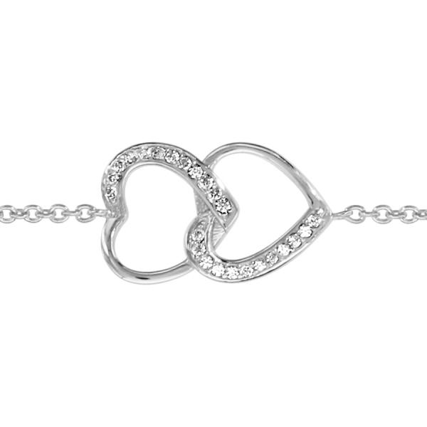 Bracelet Argent 925 et Zirconium Sertis Double Coeurs Entremêlés