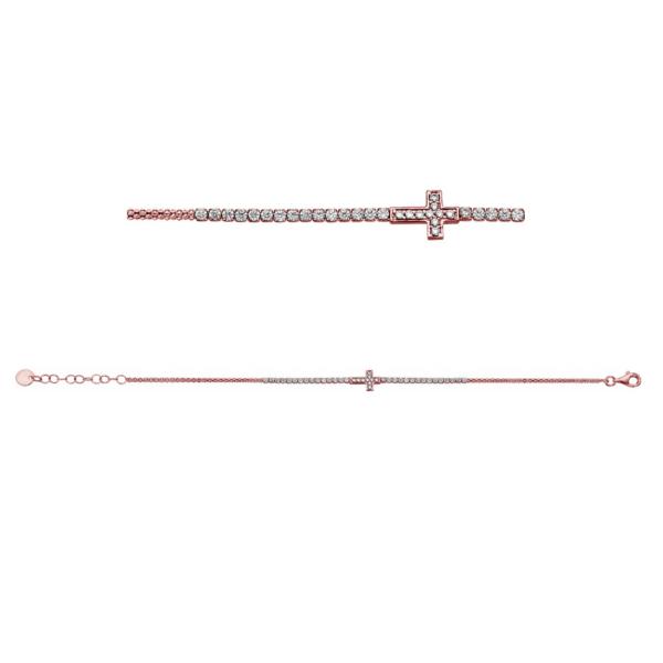 Bracelet Argent 925 et Dorure Rose Zirconium Sertis avec Croix