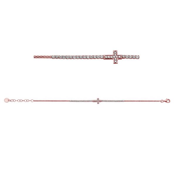 Bracelet Argent 925 et Dorure Rose Zirconium Sertis avec Croix