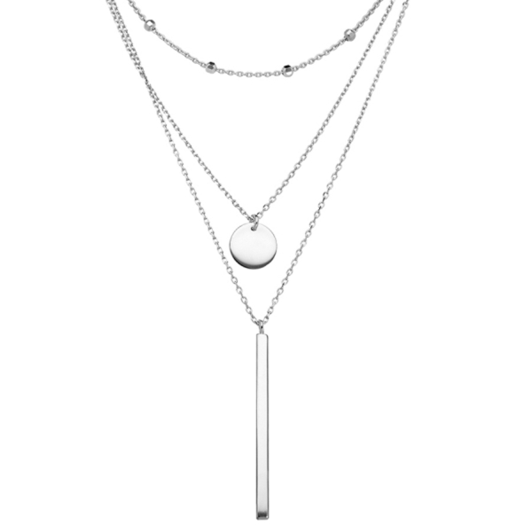 Collier Argent 925 Triple Chaîne Pendante Pastille et Tube 