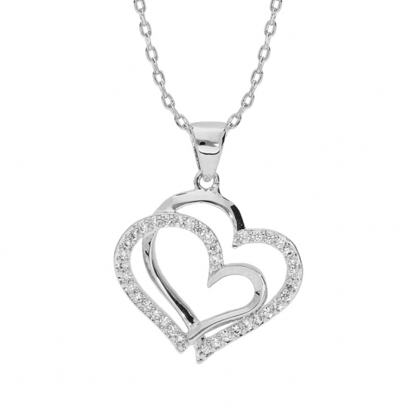 Collier Argent 925 Rhodié Double Coeur Zirconium