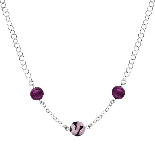 Collier Argent 925 Verre de Murano 3 Boules Violette et Rose