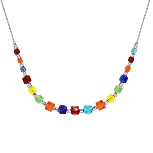 Collier Argent 925 Cubes en Verre Multicolore en Chute