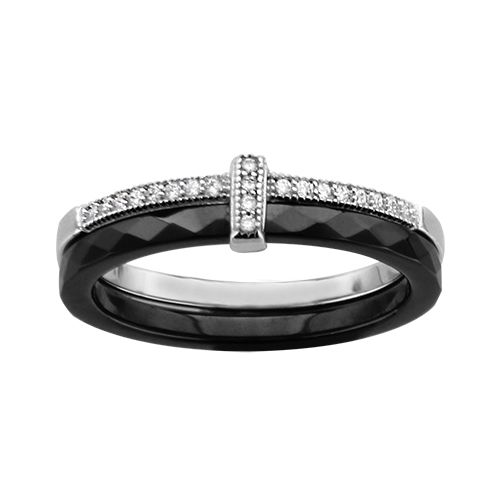 Bague Argent 925 Anneau Céramique Noir + 1 Rail Zirconium Micro Sertis