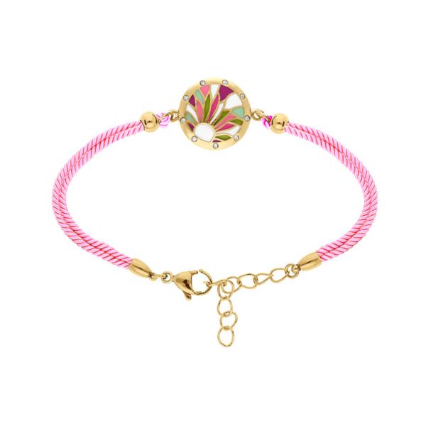 Bracelet Acier 316 L Doré Jaune avec Résine Rose et Violet Cordon Fushia