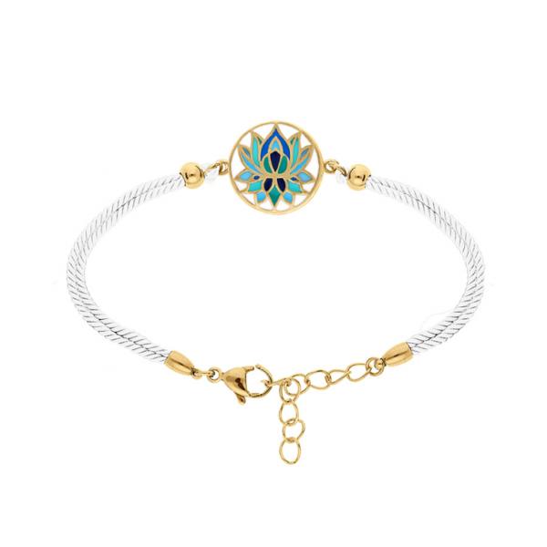 Bracelet Acier 316L Doré Jaune Cordon Blanc Fleur de Lotus Résine Bleu Fond Blanc