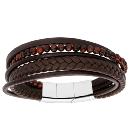 Bracelet Acier 316 L Cuir Marron Multi Fils Boules Double Fermoir 20 cm