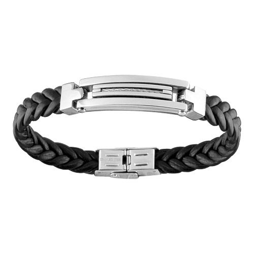 Bracelet Acier 316 L et Cuir Tressé Plaque avec Cable