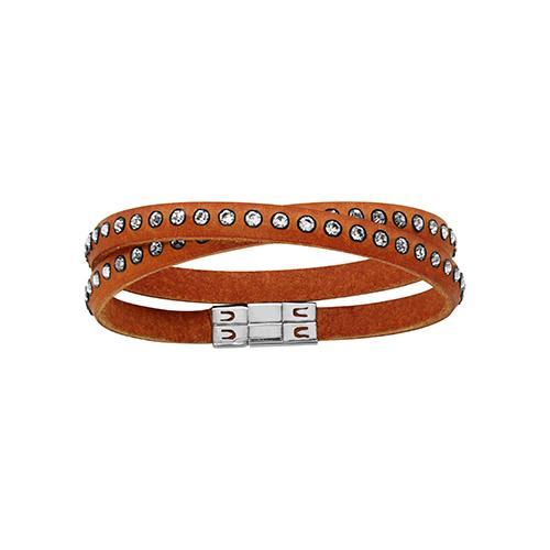 Bracelet Acier 316 L Serti Cristal Cuir Enroulé 2 Tours Orange