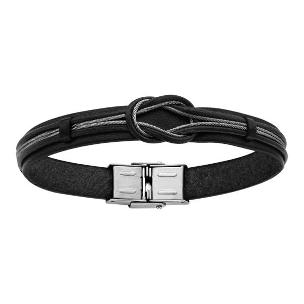 Bracelet Acier 316 L Cuir Noir Cable avec Noeud