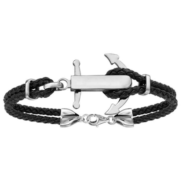 Bracelet Acier 316 L Double Cuir Noir Ancre Marine