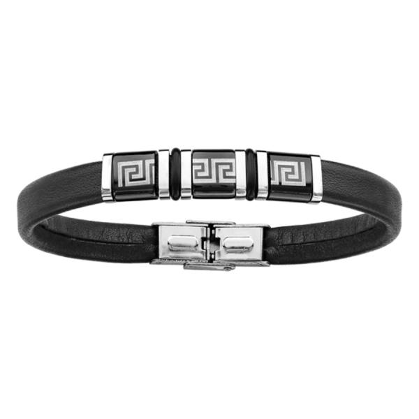 Bracelet Acier 316 L Cuir Noir Motif Grec Noir 21 cm