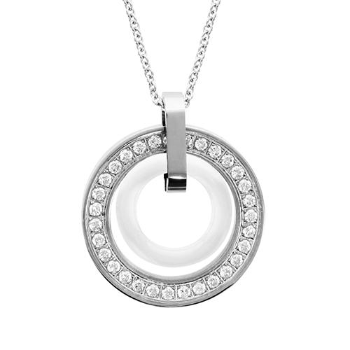 Collier Acier 316 L Pendentif Rond Zirconium avec Cercle Céramique Blanche